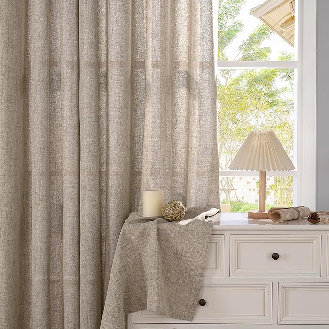 YoungsTex 48 Inch Length Linen Curtains for Short Window, Oatmeal Burlap Light Filtering Drapes with Bronze Grommet Privacy for Living Room Window, 42 x 48 Inch, 2 Panels