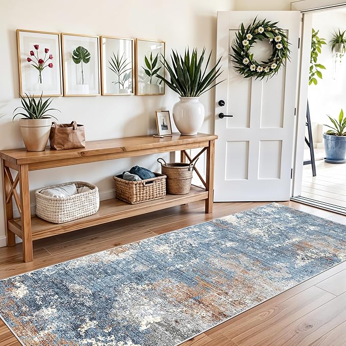 3x8 Washable Hallway Runner – Non-Slip Abstract Modern Neutral Wide Carpet Runner for Kitchen Floor, Entryway, Bedroom, Living Room – Soft Low-Pile Thin Rubber Backing (Blue Rust,3x8)