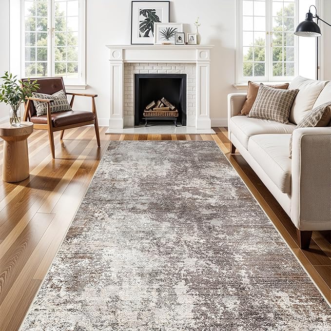 4x12 ft Wide Hallway Rug – Non-Slip Washable Large Long Carpet Runner for Kitchen, Indoor Entryway, Modern Abstract Low-Pile Thin Floor Mat for Bedroom, Living Room, Dining Room (Brown Beige,4x12)