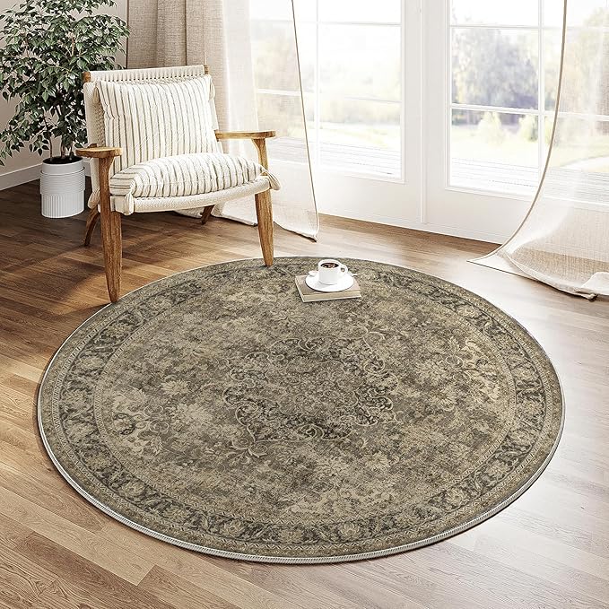 3x3 Washable Round Rug Brown Vintage Non Slip Soft Low Pile Circle Rug for Dining Room Office Entryway Distressed Oriental Indoor Carpet for Living Room Bedroom Home Decor