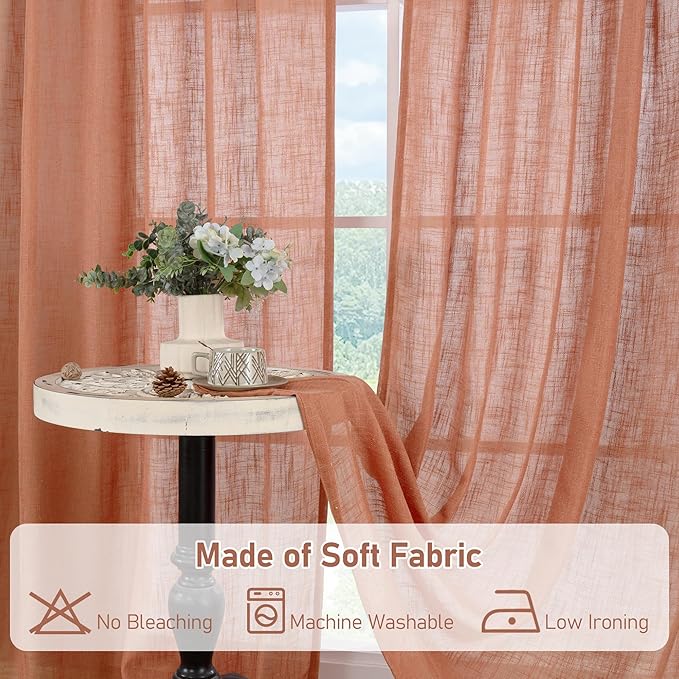 LAMIT Terracotta Linen Semi Sheer Curtains 63 Inch for Bedroom, Light Filtering Neutral Window Curtains Farmhouse Boho Back Tab and Rod Pocket Panels, 2 Panels, 38 x 63 Inch