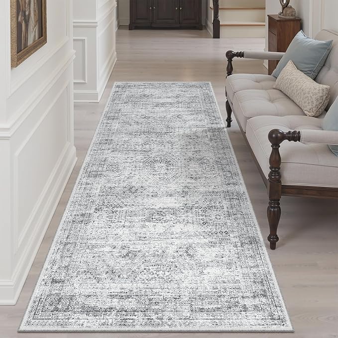 Soalmost Runner Rug 3x6 Washable Non-Slip Kitchen Runner Rugs for Bathroom Laundry Room Grey Vintage Floor Carpet Runners for Hallway Entryway
