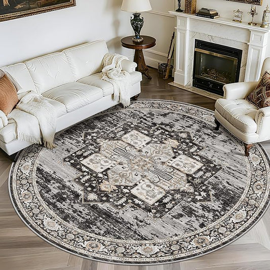 RUUGME Washable 7 Round Rug - Large Rugs for Living Room Soft Stain Resistant Carpet for Bedroom Kitchen Dining Room Vintage Non Slip Home Decor Floor Mat 7round Black