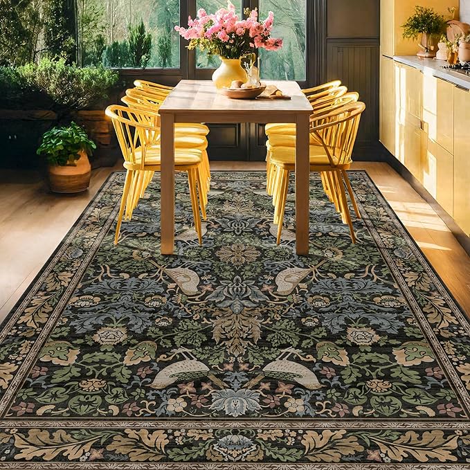 Botanical 10x14 Area Rug for Living Room, Extra Large Bedroom - Washable Rug for Dining Room Under Table Stain Resistant, Brown Green Boho Bird Vintage, Soft Floor Carpet Low Pile
