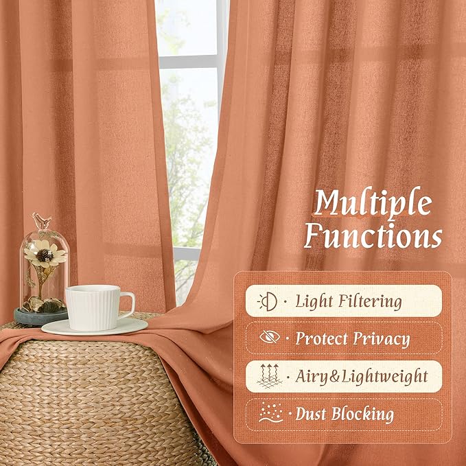LAMIT Terracotta Linen Boho Curtains 84 inch Length 2 Panels, Light Filtering Burnt Orange Drapes Rod Pocket Western Rustic Panels for Bedroom/Living Room, 52 x 84 Inch