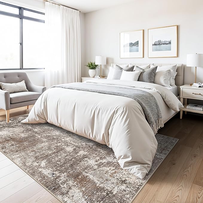 5x8 Washable Living Room Area Rug – Modern Neutral Abstract Rug for Bedroom, Kitchen, Dining Room – Non-Slip Low Pile Soft Indoor Carpet (Brown Beige,5x8)