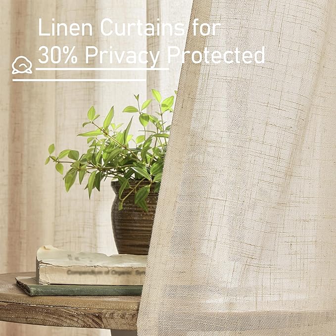 LAMIT 60 Inch Length Window Linen Curtains, Semi Sheer Light Filtering Panels Back Tab and Rod Pocket Drapes for Bedroom/Living Room, Linen, 2 Panels, 34 x 60 Inch