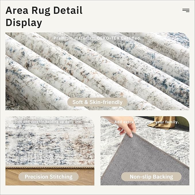 Soalmost 10x14 Area Rugs for Living Room, Non Slip Machine Washable Vintage Rugs, Low Pile Lightweight Large Rug for Bedroom, Dining Room, Home Office Blue Ivory
