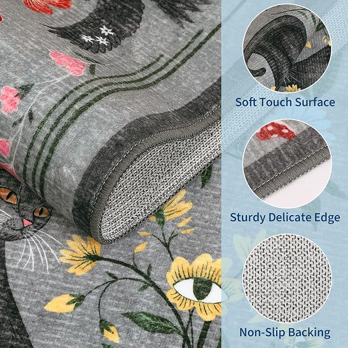 GarveeHome 2x6 Cat Washable Runner Rug for Kitchen, Soft Grey Hallway Runner Non Slip Mushroom Moths Entryway Rug Floral Laundry Mat Stain Resistant Carpet for Bedroom Bathroom Beside Rug