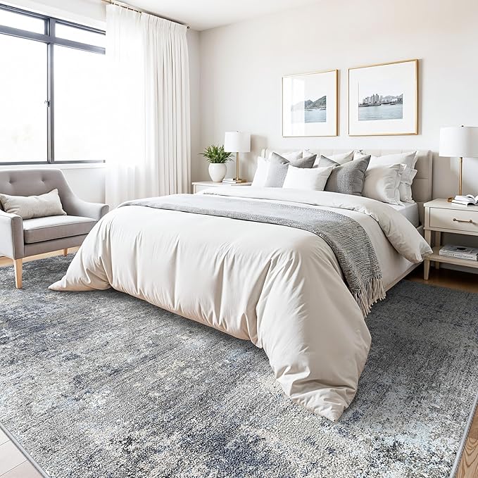 Washable Area Rug 9x12 Living Room – Neutral Modern Abstract Large Carpet for Bedroom Dining Room Office – Soft Non-Slip Low-Pile Thin Stain-Resistant Indoor Rugs （Blue Grey,9x12）