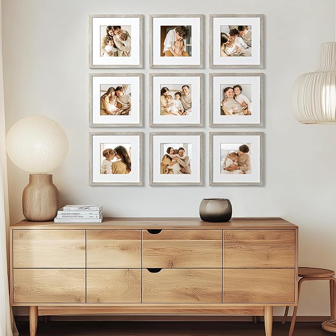 eletecpro 12x12 Picture Frames Set of 9 with Mat for 8x8 Photos or without Mat for 12x12, Square Gallery Wall Decor Collage for Picture Display, Beige Drift Wood Frame Set for Wall Hanging