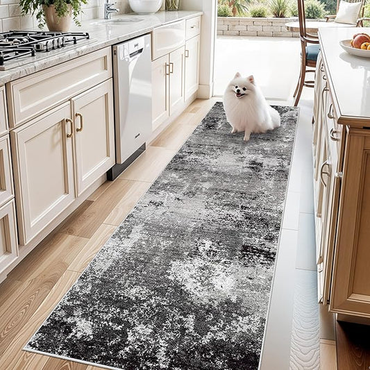 3x8 Washable Hallway Runner – Non-Slip Abstract Modern Neutral Wide Carpet Runner for Kitchen Floor, Entryway, Bedroom, Living Room – Soft Low-Pile Thin Rubber Backing（Black Grey,3x8）