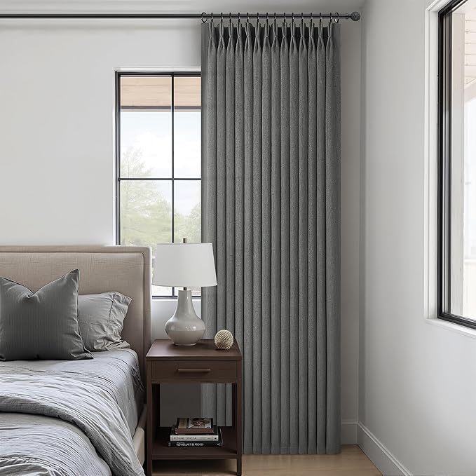 Natural Linen Semi Sheer Ceiling Curtains 102 Inches Long 2 Panels for Patio Sliding Glass Door, Dark Grey Luxury Pinch Pleat Living Room Light Filtering Curtain with Track System Burg Decor 40Wx102L