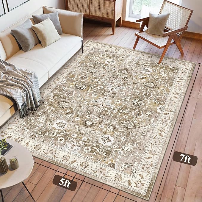 LOKHOM Living Room Area Rug 5x7, Non-Slip Vintage Soft Bedroom Rug with Rubber Backing, Low Pile Boho Floral Faux Wool Floor Carpet Distressed Rug for Bedroom Dining Room（Beige Brown）