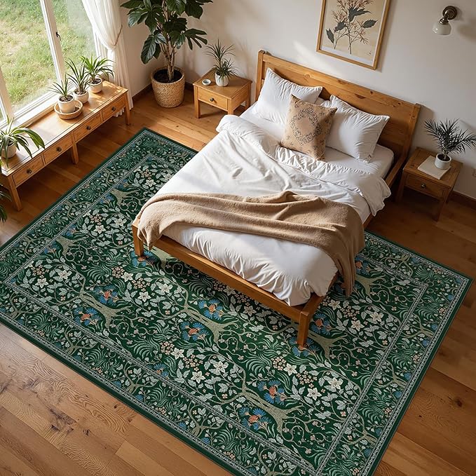 Joydeco Washable 9x12 Area Rugs for Living Room, Large Non Slip Vintage Floral Rug, Boho Bedroom Mats Under Bed, Soft Ultra-Thin Throw Carpet for Dining Room Apartment, Dark Green