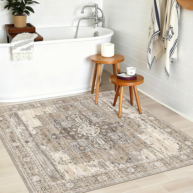 RUUGME Soft 3x3 Rug Living Room - Throw Rugs for Bedroom Stain Resistant Carpet Vintage Tribal Rugs for Married Woman in Bedroom Kitchen with Non Slip Backing Home Decor 3x3 Beige