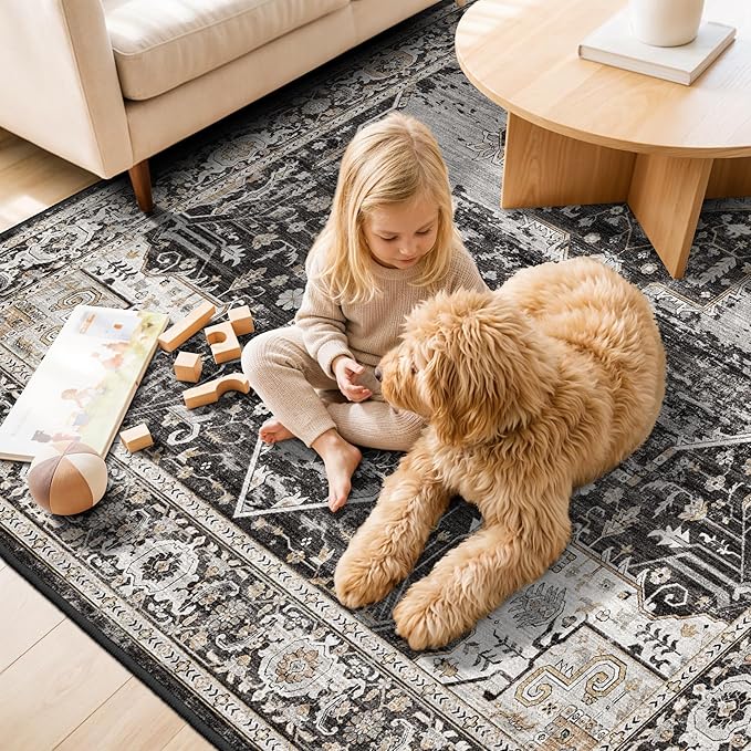 RUUGME 9x13 Area Rugs Washable, Boho Non-Slip Soft Carpets for Large Living Room/Bedroom/Dining Room High Traffic Stain Resistant and Easy Clean Rugs for Housholds&Pets Owners 9X13 Black