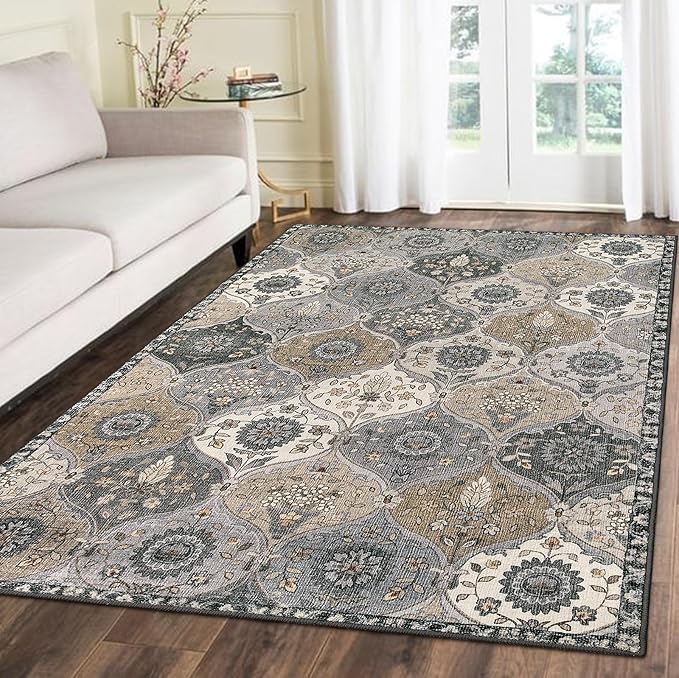 Lahome Moroccan Trellis Washable Area Rug, 5x7 Rugs for Living Room Indoor Non-Slip, Large Oriental Accent Throw Carpet for Bedroom Entryway Bathroom Office Elise, Grey