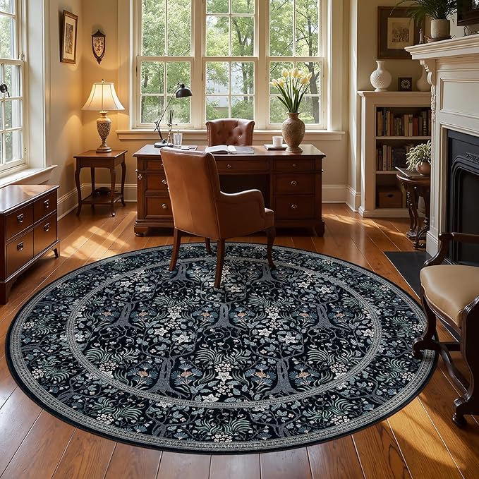 Joydeco Washable Large Round Area Rug for Living Room, Vintage Round Rugs 8ft Non Slip, Soft Throw Circle Carpet for Bedroom, Dining Room Under Kitchen Table, Black-Blue Floral Décor