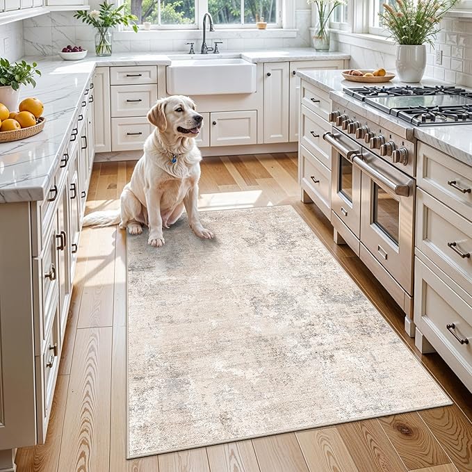 3x4 Washable Entryway Area Rug – Non-Slip Modern Abstract Small Area Rug for Kitchen, Bedroom, Bathroom – Soft Low-Pile Thin Indoor Door Mat (Beige Grey,3x4)