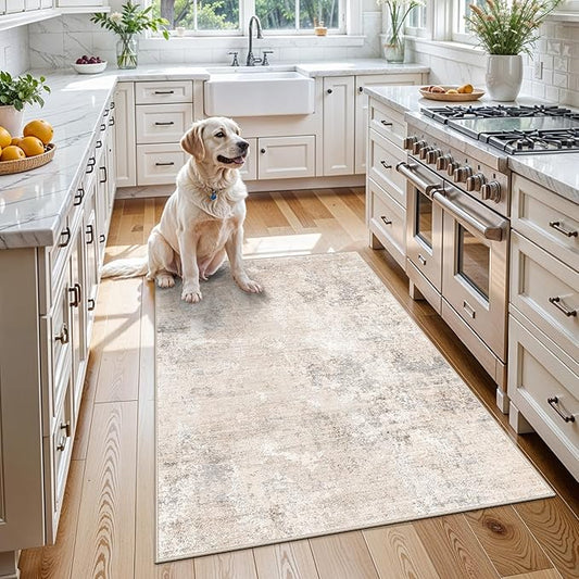 3x4 Washable Entryway Area Rug – Non-Slip Modern Abstract Small Area Rug for Kitchen, Bedroom, Bathroom – Soft Low-Pile Thin Indoor Door Mat (Beige Grey,3x4)