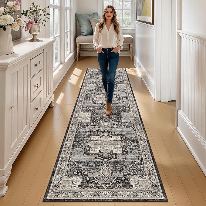 RUUGME Washable 2x8 Oriental Runner Rug - Soft Stain Resistant Rugs for Living Room Bedroom Non Slip Low Pile Carpets for Dining Room Home Decor Mat 2x8 Black