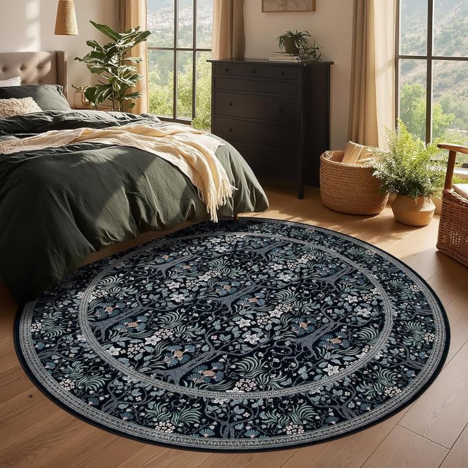 Joydeco Washable Round Area Rug for Living Room, Soft Round Rugs 6ft Non Slip with Rubber Backing, Vintage Large Circle Carpet for Bedroom Kitchen Nursery, Black-Blue Floral Décor