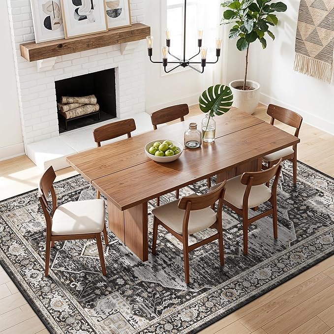 RUUGME 5x6 Washable Non Slip Area Rugs, Boho Low Pile Soft Carpets for Living Room Bedroom Dining Room - Ultra Thin Vintage Indoor Floor Decor Mat Ideal for Small Spaces 5x6 Black