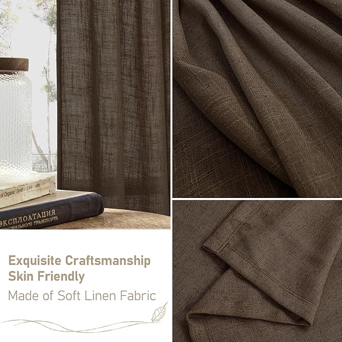 LAMIT Linen Curtains 60 Inch Length 2 Panels, Light Filtering Panels Back Tab and Rod Pocket Neutral Drapes for Bedroom/Window/Living Room, Dark Brown, 34 x 60 Inch