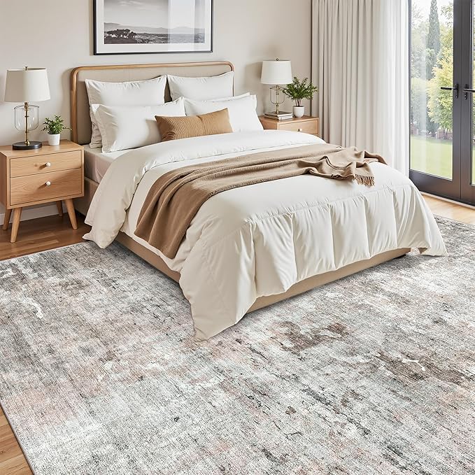 Soalmost Abstract Rug 8x10 Large Living Room Rugs Neutral Modern Washable Area Rugs for Bedroom Dining Room Non-Slip Stain Resistant Foldable Thin Rug Grey Pink