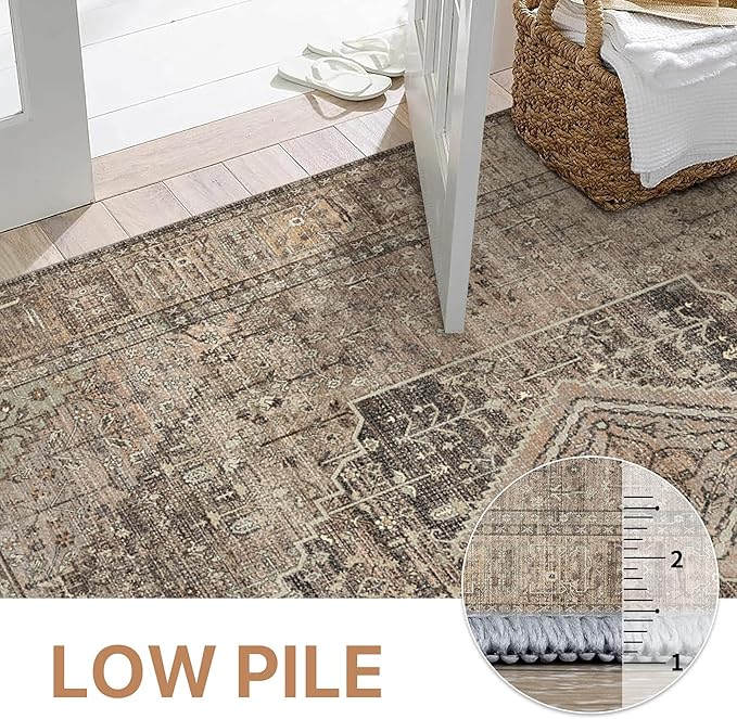 GENIMO Runner Rug for Hallways Machine Washable, 2x10 Non Slip Boho Vintage Lightweight Washable Runners, Thin Floor Rugs for Entryway Hallway Bathroom Laundry Room Corridor, Rustic Tan