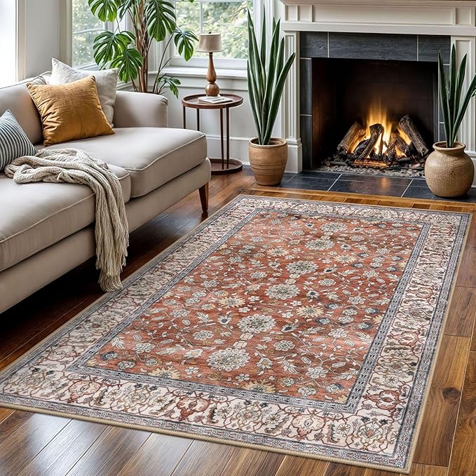 KUTA Vintage Area Rug 4x6 Washable Rug Traditional Floor Cover Foldable Red Clay Ultra Thin Soft Retro Accent Indoor Distressed Non Slip Carpet Floral Print Mat Bedroom Living Room Dorm Office