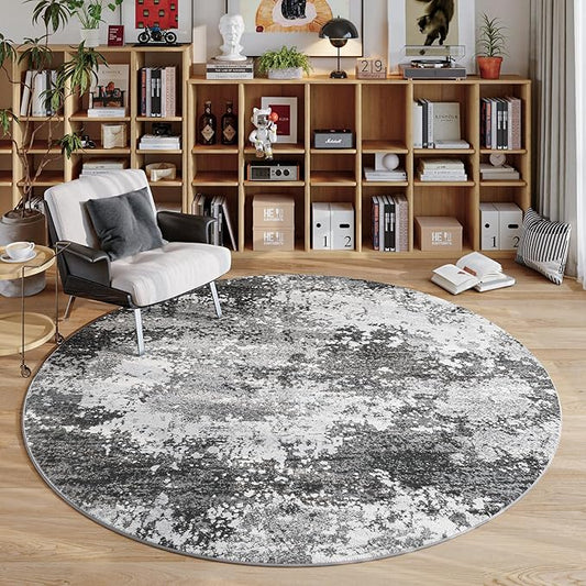 Round Area Rugs 4ft Washable Grey Circle Rug for Entryway Kitchen, Non Slip Soft Low Pile Stain Resistant, Boho Circular Carpet for Living Room Bedroom Dorm Dining Room Table, Abstract Gray