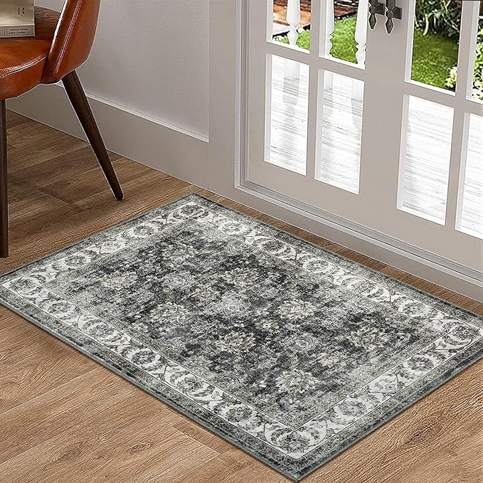 GarveeHome Vintage Floral Area Rugs for Living Room, Distressed Oriental Print Non Slip Washable Rugs, Ultra Soft Low Pile Foldable Indoor Carpet for Bedroom Dining Room