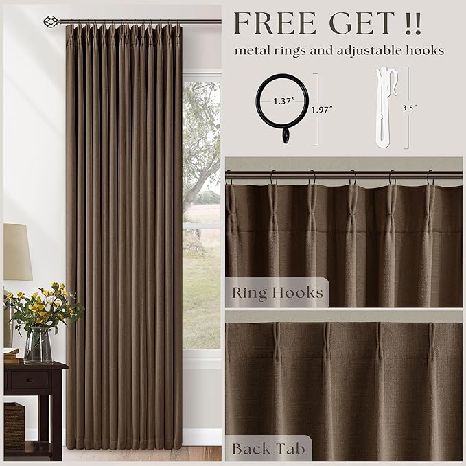 Latte 96 Inch Pinch Pleated Blackout Linen Curtains for Bedroom Living Room 2 Panels Set Memory Trained 100% Black Out Soundproof Room Darkening Window Curtains Double Layer Pinch Pleat Drapes