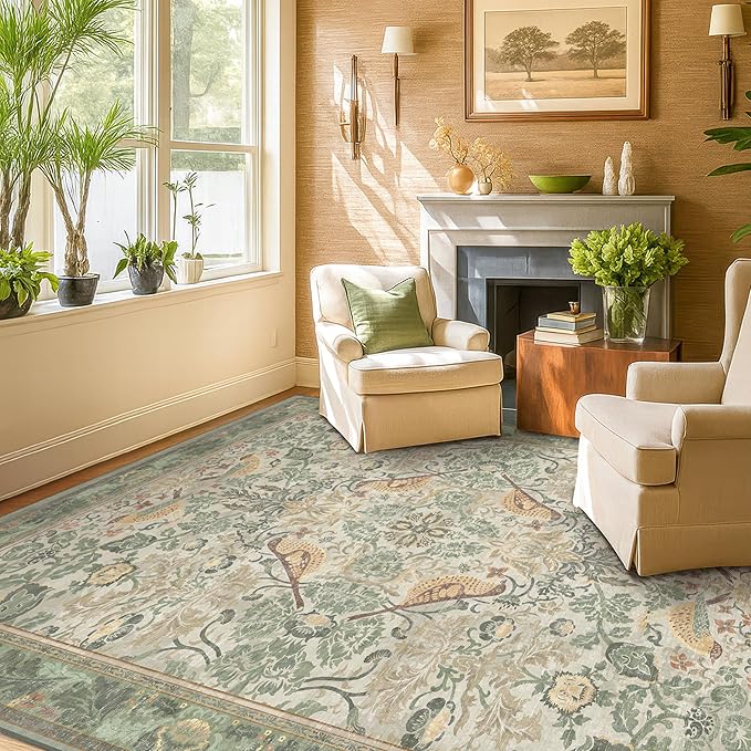 Hazo Haus Washable Area Rugs 5x8 for Bedroom - Sage Green Boho Rugs for Living Room, Dining Room, Home Office, Playroom, Light Green Botanical Bird Pattern, Non Slip Stain Resistant Low Pile