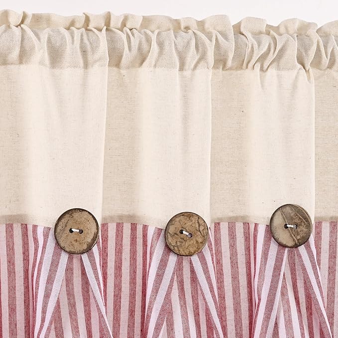 ASPMIZ Farmhouse Cotton Linen Swag Valances for Windows, Boho Rustic Kitchen Curtains Valances with Buttons, Red Striped Window Treatments Curtain Valance for Bathroom Cafe, 61 x 36 Inch, 1 Panel