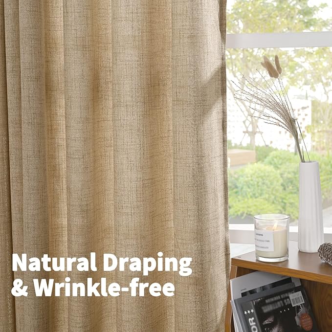 YoungsTex Burlap Linen Curtains 40 Inch Long for Kitchen Cafe Window, Short Semi Sheer Drapes Textured with Bronze Grommet Light Filtering for Bathroom Bedroom, Toffee, 2 Panels, 42 X 40 Inch
