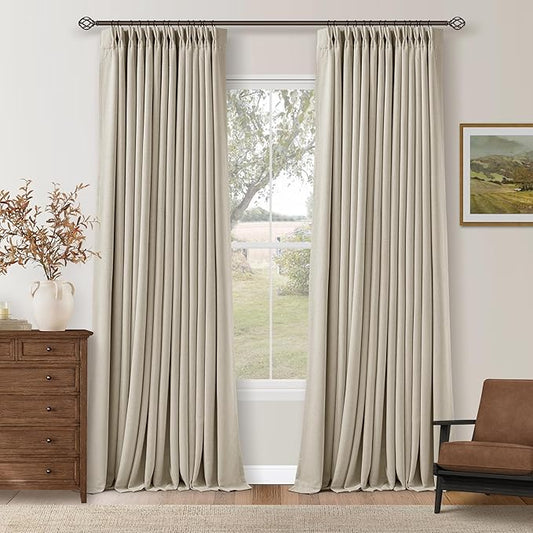 Memory Trained Pinch Pleated 100% Blackout Linen 86 Inch Curtains for Bedroom Room Darkening Light Blocking Beige Tan Window Curtain 80 Inches Long Living Room Black Out Pleat Drapes Dual Layer