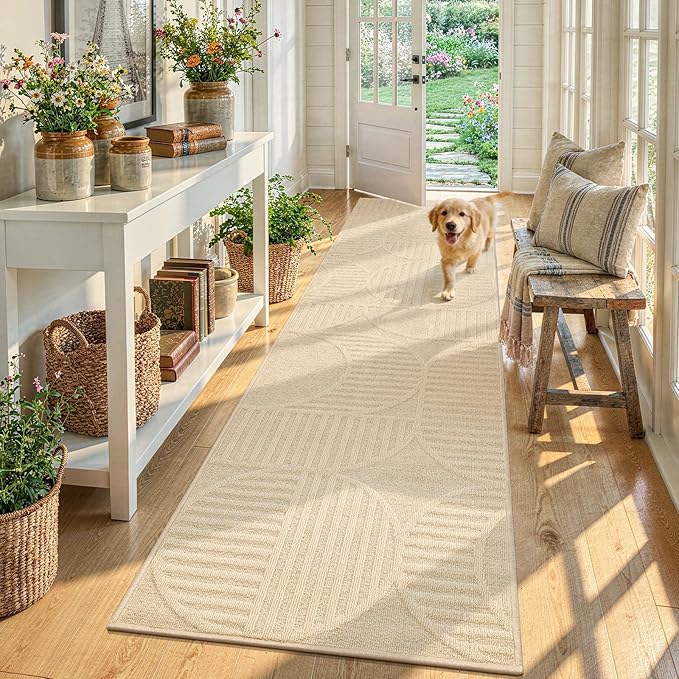 Findosom Washable Runner Rug 2x10, Geometric High-Low Textured Non Slip Hallway Runner Rug with Rubber Backing, Boho Carpet Runner for Kitchen, Bedroom, Laundry, Entryway, Bathroom, Beige