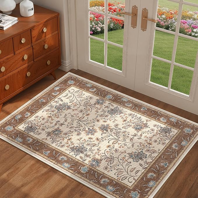 GarveeHome Small Entryway Rug, 2x3 Washable Front Door Rug Indoor Entrance French Floral Carpet Non-Slip Low Pile Beige Throw Rugs for Kitchen, Powder Room, Entry, Bathroom, Kids Room