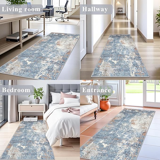 3x6ft Non-Slip Washable Kitchen Rug - Soft Wide Indoor Carpet Runners for Entryway, Hallway, Bathroom with Rubber Backing, Modern Distressed Low-Pile Thin Floor Runner (Blue Rust,3x6)