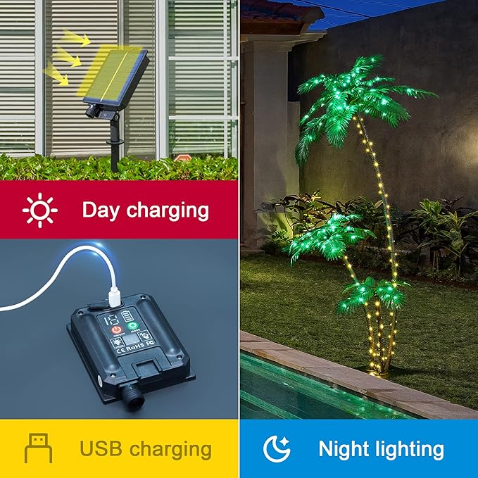LIGHTSHARE Lighted 7FT Gorgeous Palm Tree 3Trunks Artificial Palm Tree 218LED Lights for Office Decoration Outdoor and Indoors Tiki Bar Christmas Patio Pool-Solar