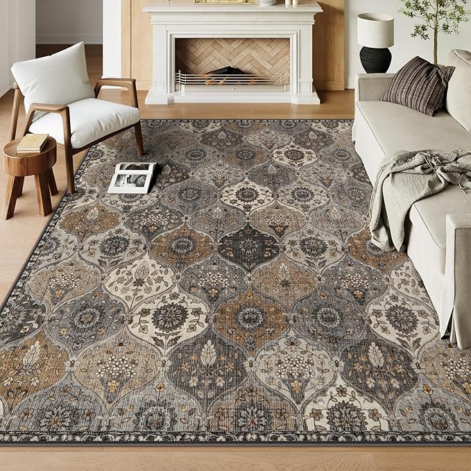 Lahome Moroccan 8x10 Area Rugs for Living Room, Washable Rugs 8x10 Ultra-Thin Oriental Non-Slip Non Shedding Accent Carpet for Bedroom Dining Room Office Nursery Elise, Grey
