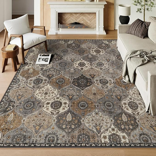 Lahome Moroccan 8x10 Area Rugs for Living Room, Washable Rugs 8x10 Ultra-Thin Oriental Non-Slip Non Shedding Accent Carpet for Bedroom Dining Room Office Nursery Elise, Grey