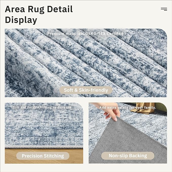 Soalmost 6x9 Area Rug for Living Room Washable 6x9 Non-Slip Modern Rugs for Bedroom Dinning Room Ultra-Thin Indoor Blue