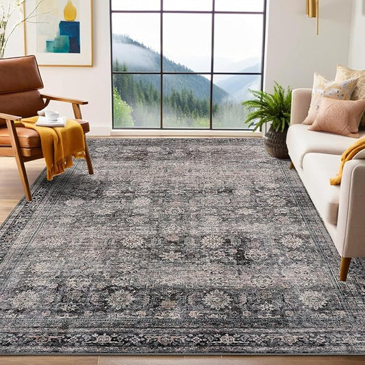 GarveeHome Washable Area Rugs 6x9 Vintage Printed Accent with Non-Slip Backing, Stain-Resistant Oriental Throw Rugs, Farmhouse Low Pile for Bedroom, Living Room, Green Camel