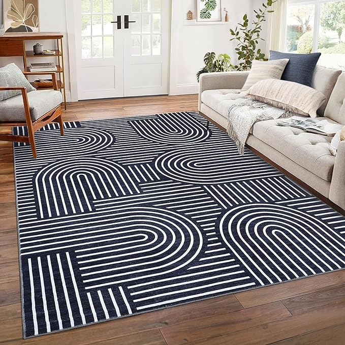ROYHOME Washable Rug 8x10 Area Rugs for Living Room, Abstract Rug for Bedroom, Soft Rainbow Non Slip Throw Rugs with Rubber Back, Low Pile Stain Resistant Boho Geometric Carpet for Dining Room, Blue