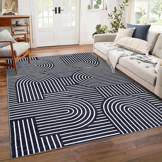 ROYHOME Washable Rug 8x10 Area Rugs for Living Room, Abstract Rug for Bedroom, Soft Rainbow Non Slip Throw Rugs with Rubber Back, Low Pile Stain Resistant Boho Geometric Carpet for Dining Room, Blue