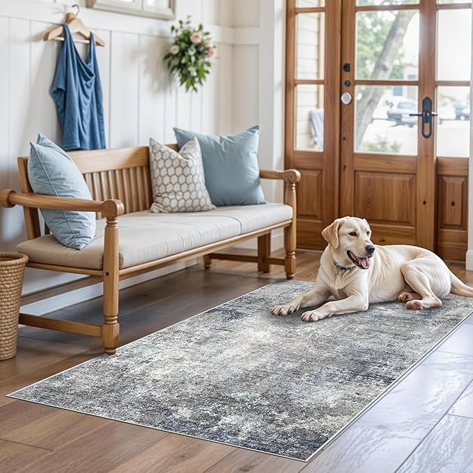 3x4 Washable Entryway Rug – Non-Slip Modern Abstract Small Area Rug for Kitchen, Bedroom, Bathroom – Soft Low-Pile Thin Indoor Door Mat （Blue Grey,3x4）